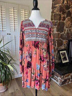 Coral Floral Long Sleeve Boho Tunic Dress